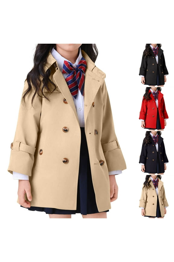 Girls Trench Coats Double Breasted Lapel Overcoat Outerwear Long Sleeve Open Front School Uniform Long Jackets with Belted