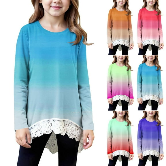 DxhmoneyHX Girls Tunic Tops Casual Basic Loose T-Shirt Soft Lace Trim Swing Pullover High Low Hem Long Sleeve Crewneck Blouse Tees