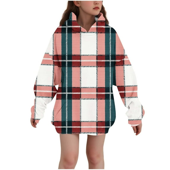 DxhmoneyHX Hoodies for Girls Fashion Long Sleeve Plaid Shirts Fall Winter Going Out Tops Casual Loose Pullover Sweatshirts with Pocket Size 5-6Years
