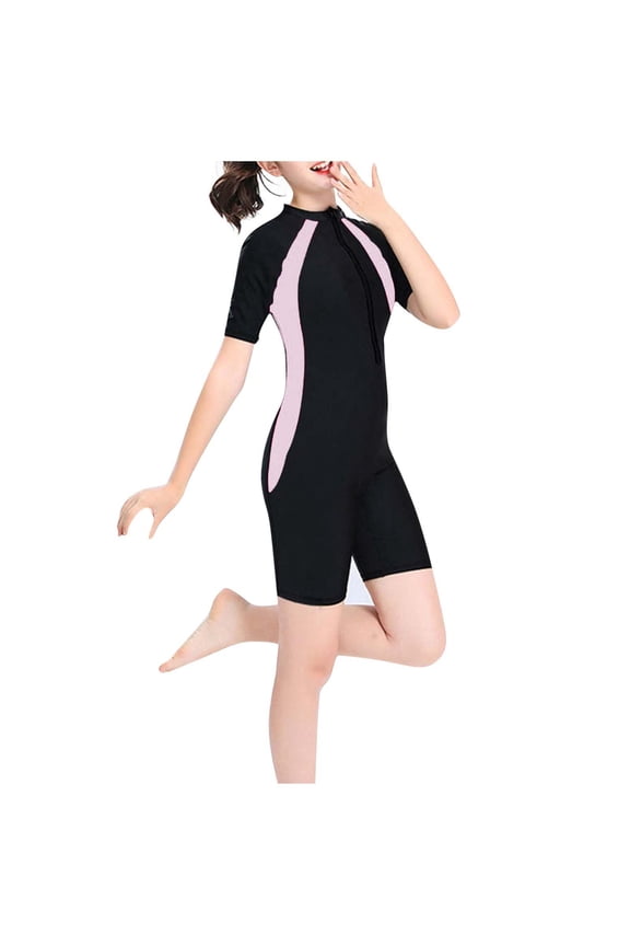 Kids Swimsuit One Piece Half Zip Short Sleeve Athletic Bathing Suits Classic Rash Guard Surfing Color Block Slimming Swimwear
