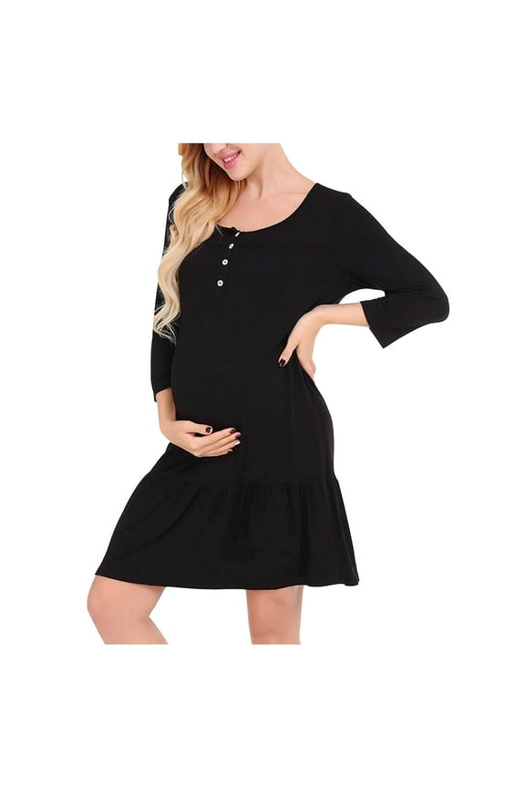 Long Sleeve Maternity Dresses for Women Crew Neck Half Button Ruffled Hem Tunic Dresses Loose Fit Pregnancy Sundresses for Breastfeeding