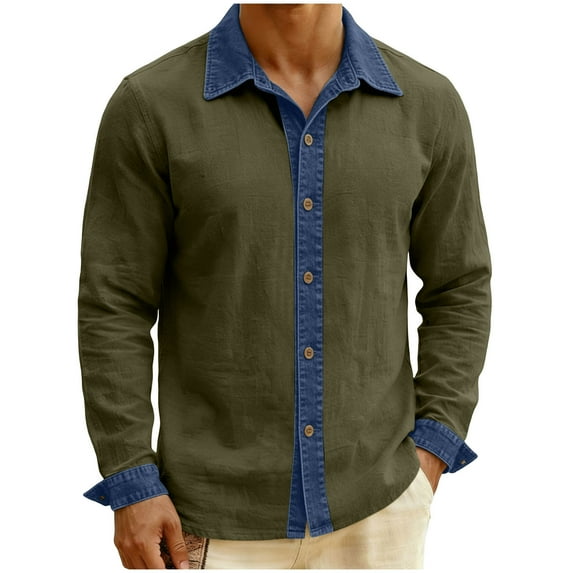 DxhmoneyHX Long Sleeve Shirts for Men Causal Denim Button Down V Neck Lapel Tops Summer Beach Vacation Color Blocked Blouse