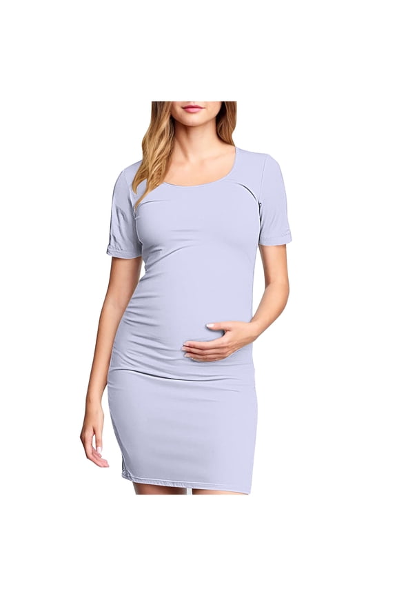 Maternity Dress for Photoshoot Crew Neck Ruffled Short Sleeve Tunic Dresses Slim Fit Summer Pregnancy Bodycon Sundresses