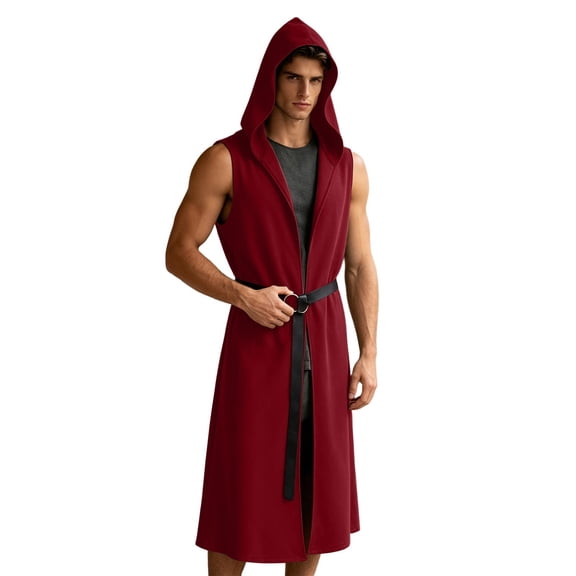 DxhmoneyHX Men's Halloween Sleeveless Long Robe Medieval Wizard Monk Priest Hooded Cloak Trendy Party Costume with Belt