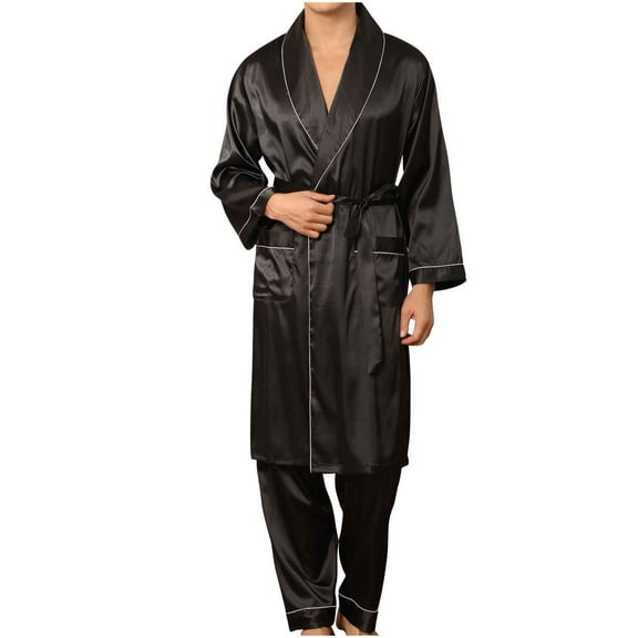 DxhmoneyHX Men's Satin Pajamas Set Long Sleeve Robe Shorts Lace-up Striped Sleepwear Set Lightweight Bathrobes with Shorts Set