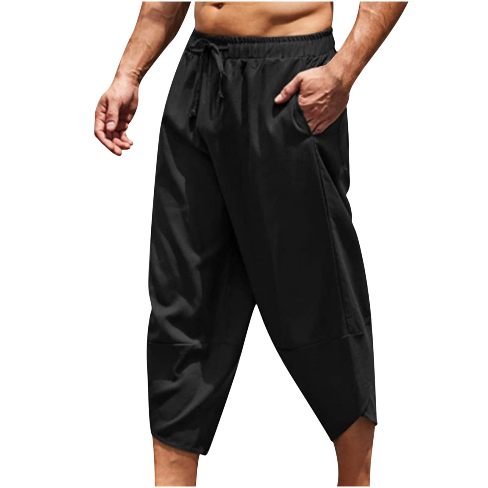PASLTER Men's Loose Fit Linen Pants - Straight Leg Casual Summer Pants With Drawstring Waist - View #2