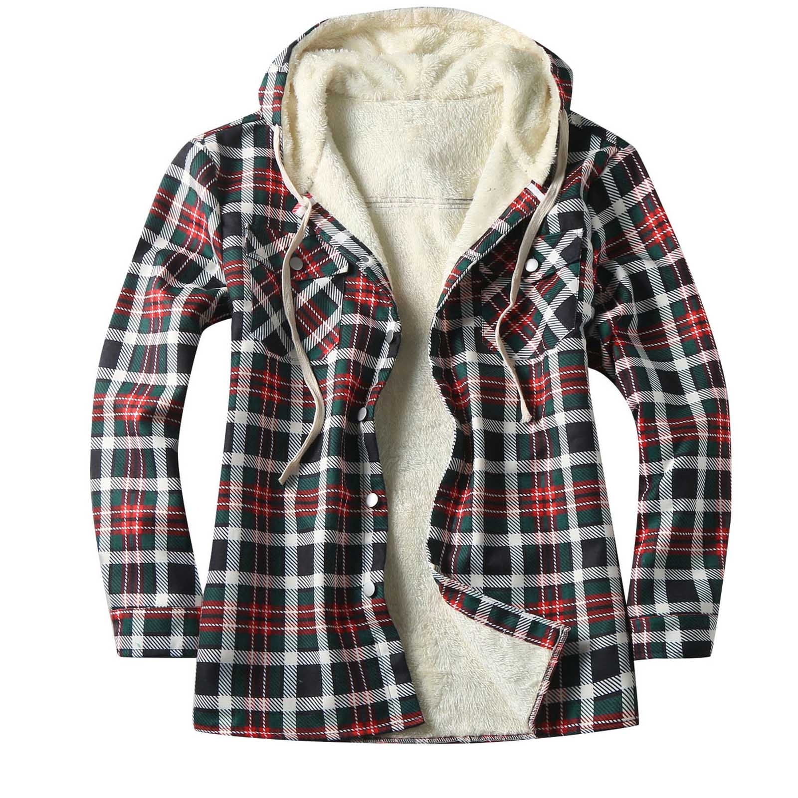 DxhmoneyHX Mens Flannel Hoodie Jacket Fleece Lined Flannel Shirt Plaid