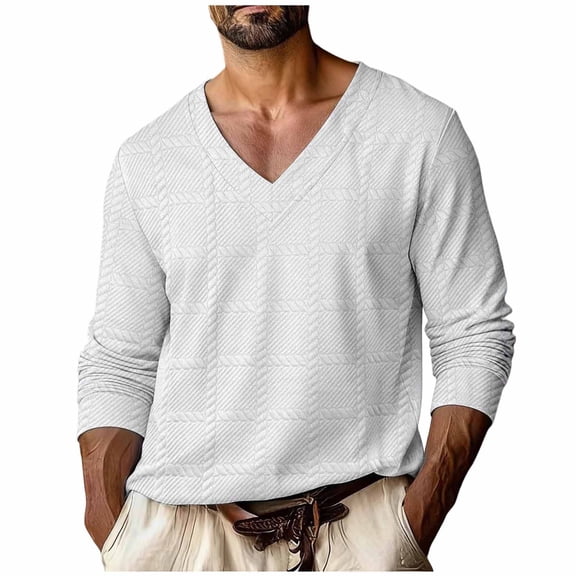 DxhmoneyHX Mens Shirts Textured Long Sleeve Loose Pullover Tops Fashion V Neck Jacquard Top Causal Spring Going Out Blouse