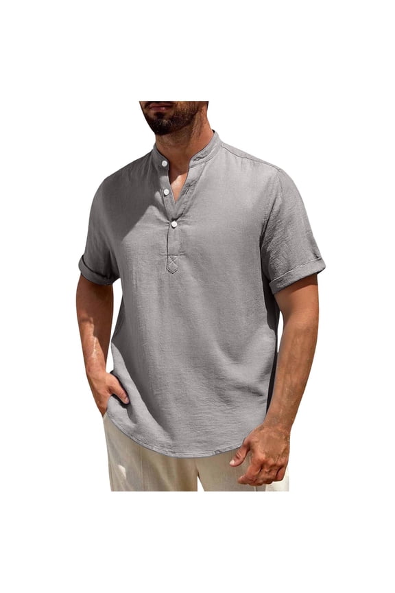 Mens Short Sleeve Shirts Half Button Pullover V Neck Stand Up Collar Lightweight Tops Causal Textured Summer Beach Vacation Tees