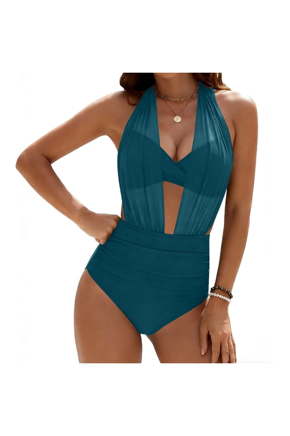 One Piece Swimsuit for Women Halter Neck Cutout Mesh Bathing Suit Open Back Ruched Drawstring Summer Beach Swimwear