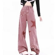 DxhmoneyHX Pink Star Jeans Baggy Y2k Clothes Cute Clothes for Teens Woman High Waisted Jeans Cute Pants Grunge Pants Straight Leg Jeans Streetwear