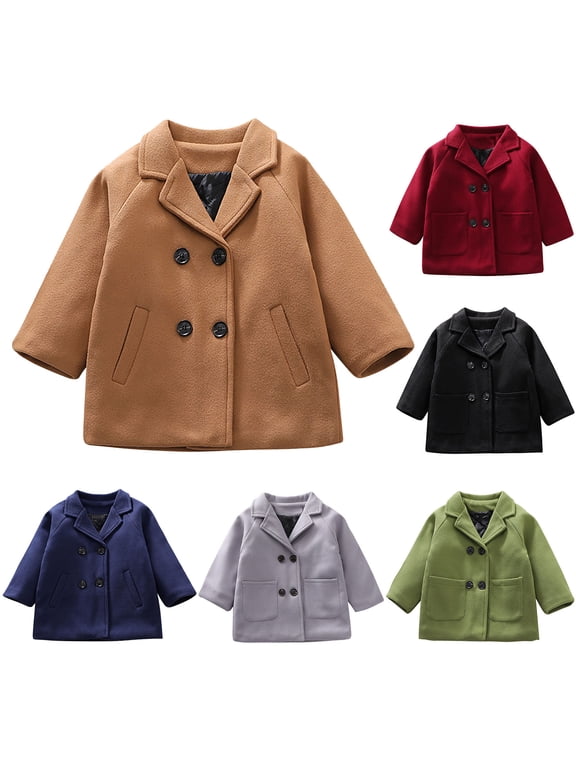 Toddler Baby Boys Girls Wool Blend Trench Coat Winter Warm Double Breasted Pea Coat Kids Jacket Outwear Clothes