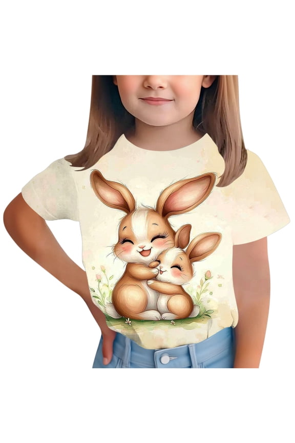 Toddler Girls Easter Shirts Crew Neck Cute Print Short Sleeve T Shirts Dressy Casual Happy Easter Tees Lightweight Pullover Tops Size 3-15 Years