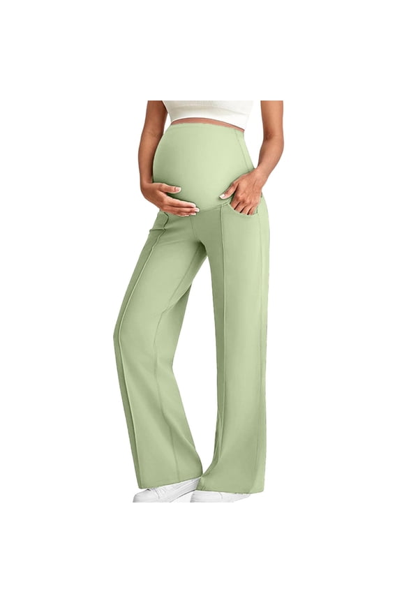 Women Maternity Wide Leg Pants Over The Belly Elastic Waist Straight Pants Classic Comfy Breathable Pregnancy Trousers with Pockets