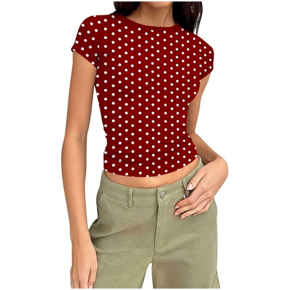 DxhmoneyHX Women Spring Tops Trendy Polka Dots Short Sleeve Shirts Crew Neck Fitted Basic Blouse Casual Going Out Summer Outfits
