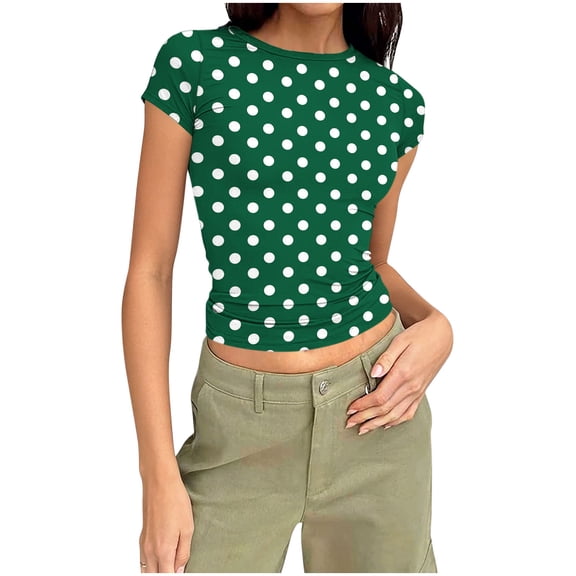 DxhmoneyHX Women Spring Tops Trendy Polka Dots Short Sleeve Shirts Crew Neck Fitted Basic Blouse Casual Going Out Summer Outfits