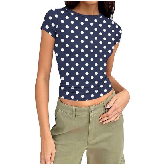 DxhmoneyHX Women Spring Tops Trendy Polka Dots Short Sleeve Shirts Crew Neck Fitted Basic Blouse Casual Going Out Summer Outfits