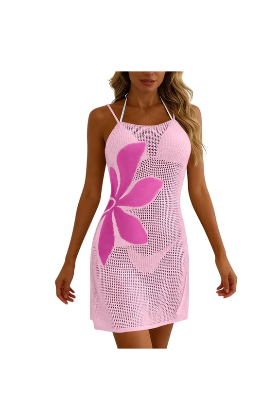 Women Swimsuit Cover Up Crochet Hollow Out Floral Print Beach Spaghetti Strap Sleeveless Swimwear Knit Bikini Cover Ups Dresse