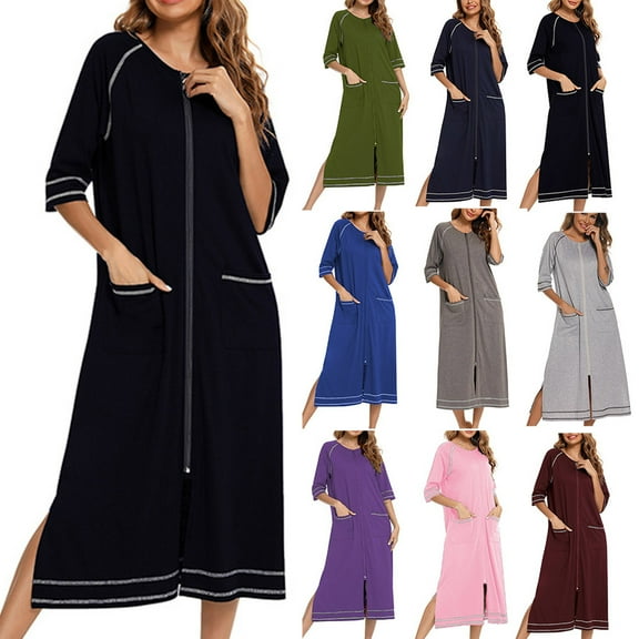 DxhmoneyHX Women Zipper Robe 3/4 Sleeves Loungewear Dress Full Length Sleepwear Pockets Housecoat Nightgown Long Bathrobe