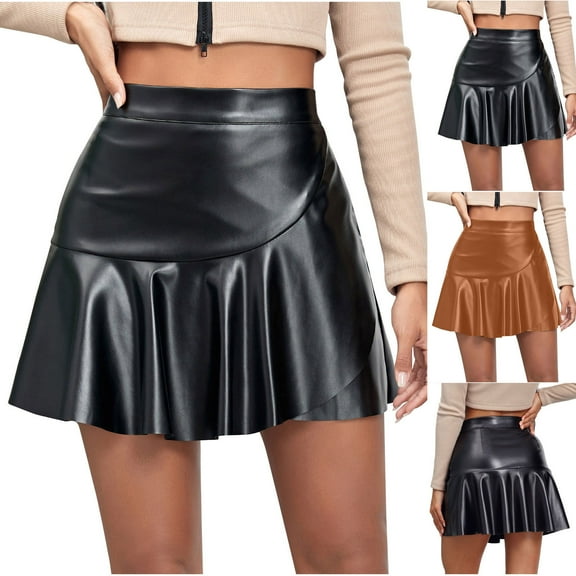 DxhmoneyHX Women's Faux Leather Black Mini Skirt Classic High Waisted Pleated Skirt Ruffled Irregular PU Leather Skirt