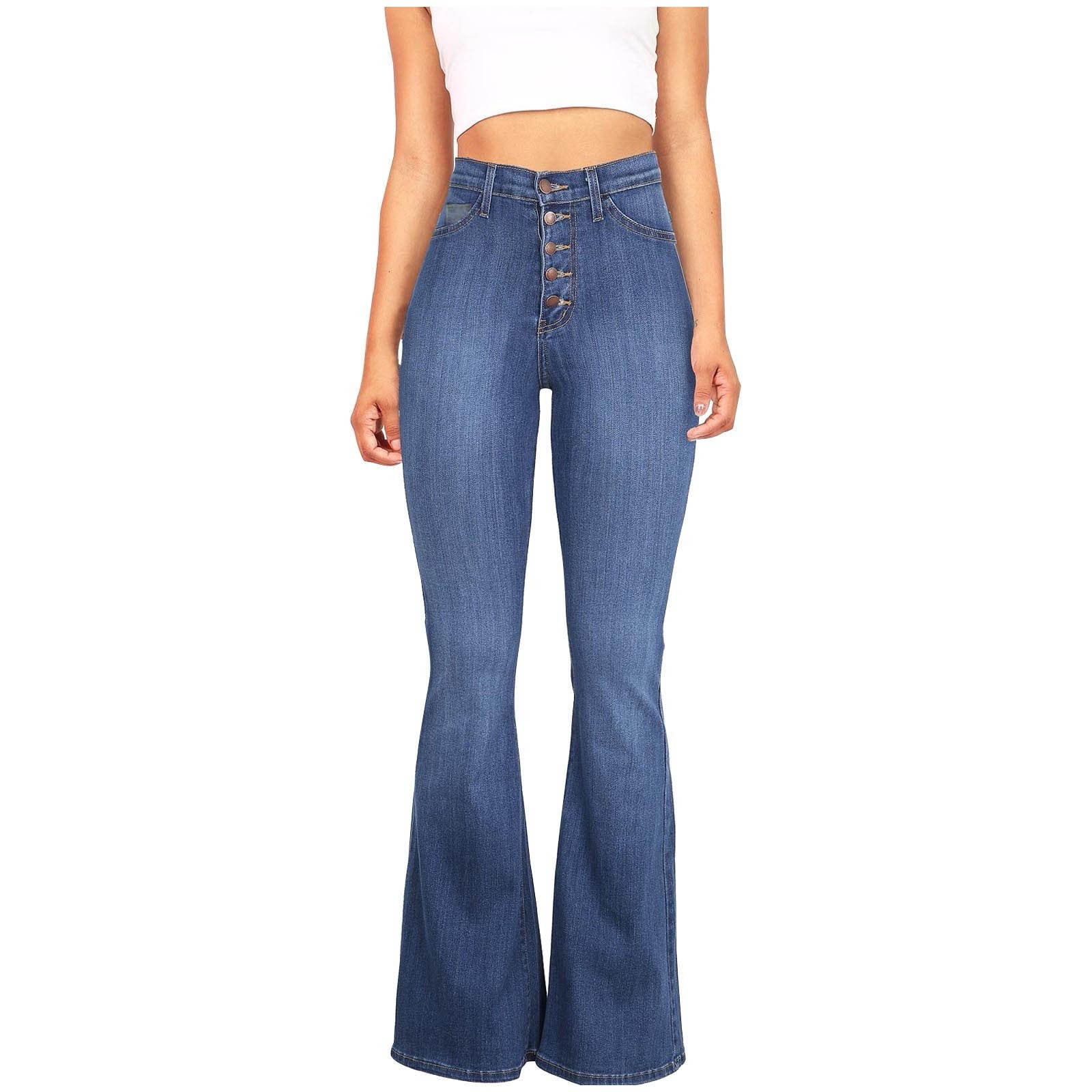 Stretchy Bell Bottom Jeans Crossover High Waist Flared Solid Stretchy Bell Bottom Jeans Crossover High Waist Flared Solid