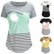DxhmoneyHX Women's Nursing Tops Short Sleeve Stripe Breastfeeding Maternity Clothes Crew Neck Cotton Blend Postpartum Shirt