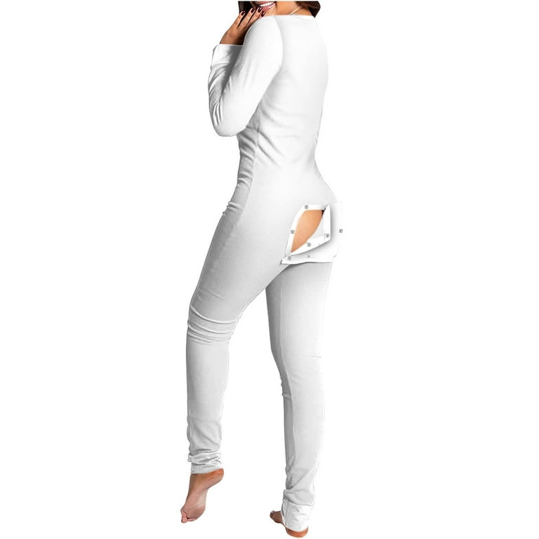 DxhmoneyHX Women's Sexy Butt Button Back Flap Bodycon Jumpsuit V Neck Long  Sleeve Romper Bodysuit Pajamas Onesies One Piece Outfit 