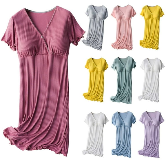 DxhmoneyHX Women's Short Sleeve Nightgown Nursing Dresses V-Neck Maternity Breastfeeding Sleepwear Dress with Padded