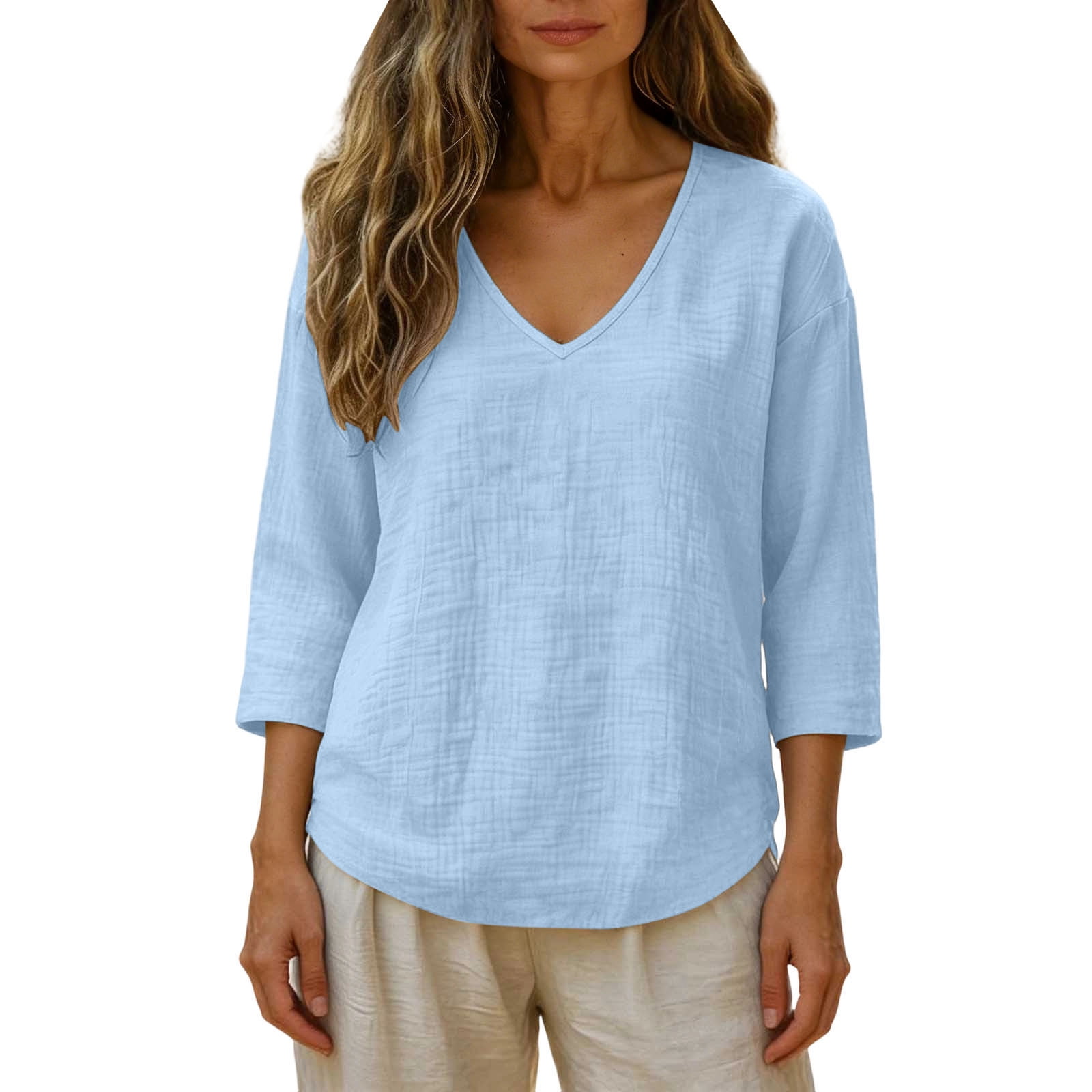 DxhmoneyHX Womens 3/4 Sleeve T Shirt V Neck Textured Baggy Tops Summer ...