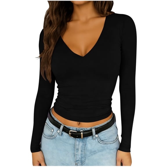 DxhmoneyHX Womens Long Sleeve Crop Tops Casual V Neck Going Out Low Cut Blouse Double Lined Slim Fitted Basic Tee