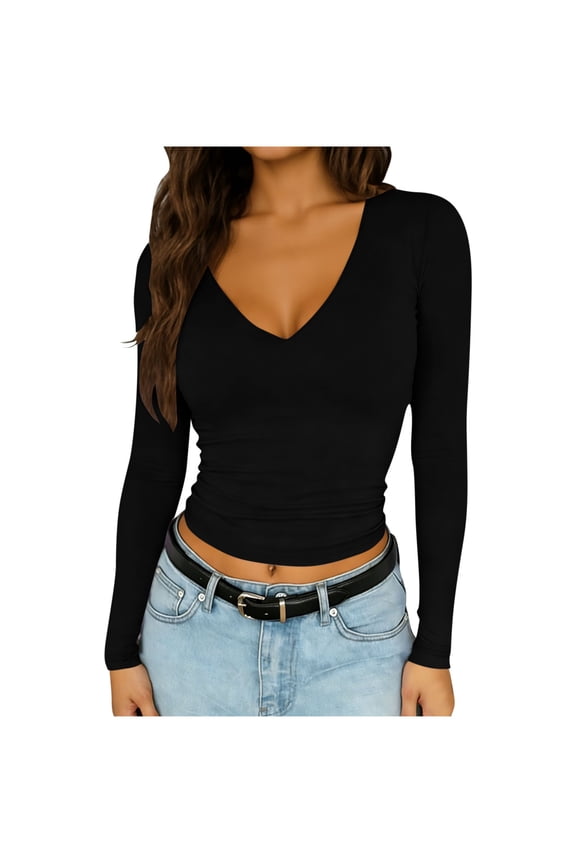 Womens Long Sleeve Crop Tops Casual V Neck Going Out Low Cut Blouse Double Lined Slim Fitted Basic Tee