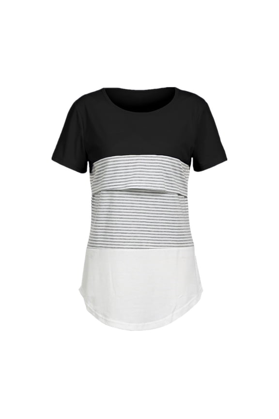 Womens Nursing Tops Short Sleeve Breastfeeding Color Block Maternity Shirts Classic Fit Crew Neck Double Layer Pregnancy Tees Blouse