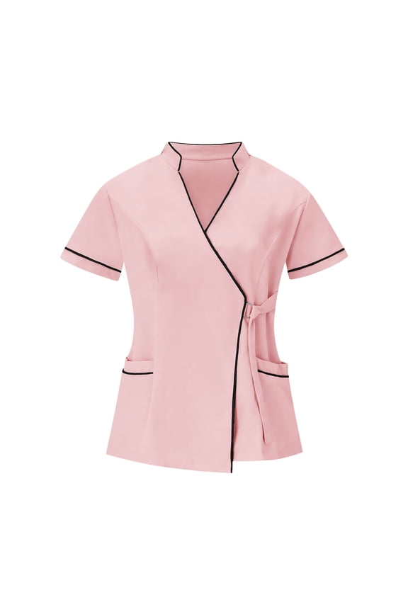 Womens Scrub Tops Classic Fit V Neck Short Sleeve Wrap Shirt Dressy Nurse Uniform for Clinic Spa with Pockets