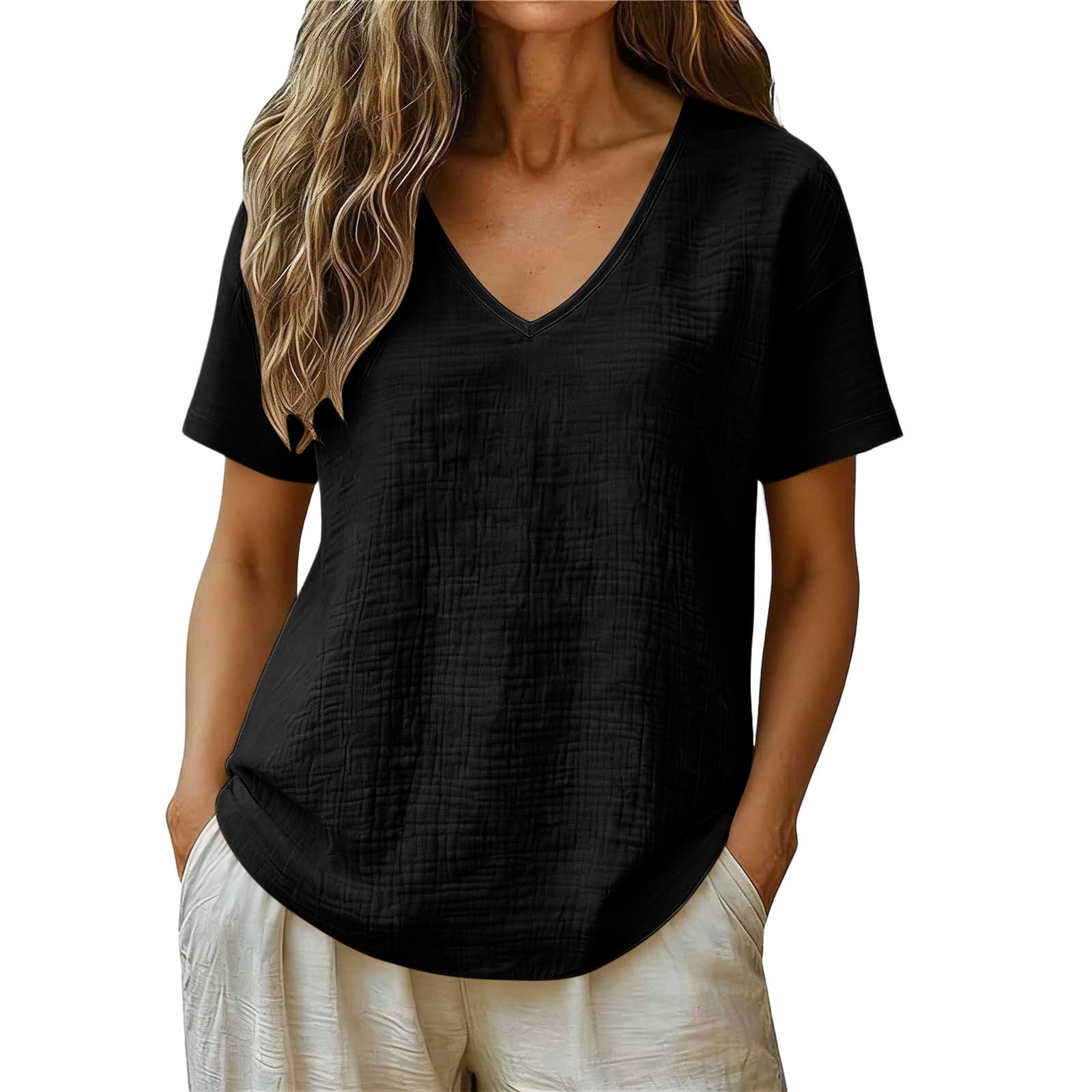 DxhmoneyHX Womens Short Sleeve T Shirt V Neck Textured Baggy Tops ...