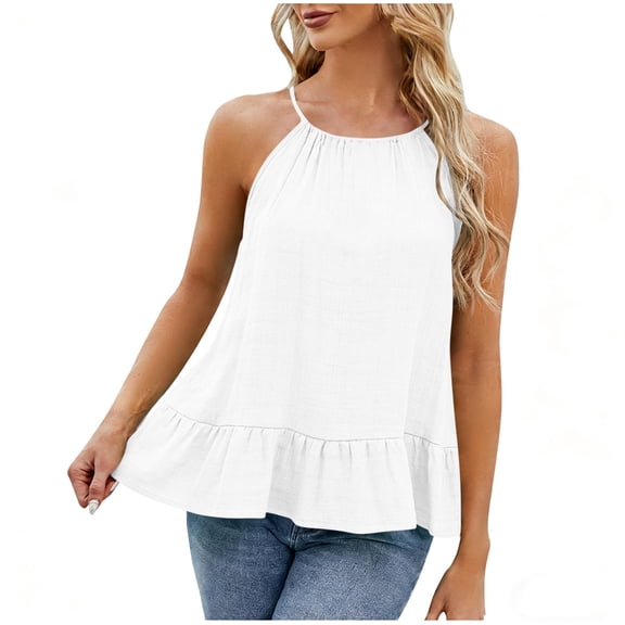 DxhmoneyHX Womens Summer Tops Crew Neck Sleeveless Shirts Basic Solid Color Casual Flowy Beach Vacation Camisole Shirts Loose Fit Peplum Tank Tops