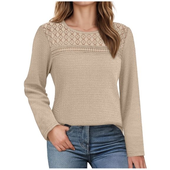 DxhmoneyHX Womens Tops Crew Neck Long Sleeve Shirts Waffle Hollow Out Tunic Blouse Causal Loose Fit Summer Vacation Pullover Tees