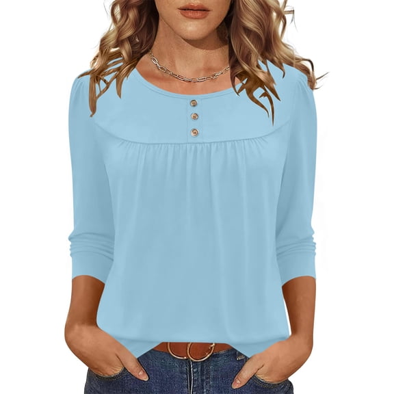 DxhmoneyHX Womens Tops Dressy Casual Button Down Pleated Front Tunic Blouses Crew Neck Long Sleeve Shirts Fashion Clothing Spring Summer Outfits