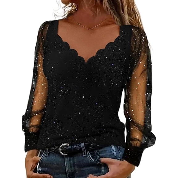 DxhmoneyHX Womens Tops Sheer Mesh Long Sleeve Shirts V Neck Patchwork Sparkle Shimmer Blouse Dressy Summer Clothes