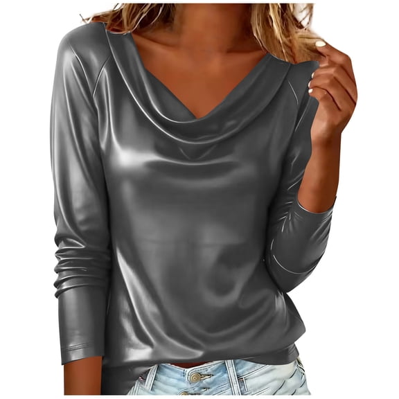 DxhmoneyHX Womens Tops Trendy Spring Cowl Neck Leather Blouse Long Sleeve Shirts Office Business Dressy Outfits