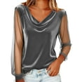 thumbnail image 1 of DxhmoneyHX Womens Velvet Tops Sheer Mesh Long Sleeve Shirts Cowl Neck Patchwork Blouses Loose Fit Going Out Outfits, 1 of 8