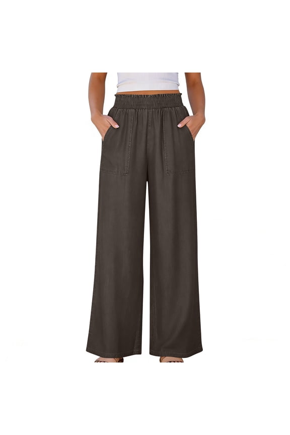 Womens Wide Leg Straight Jeans Elastic High Waisted Pull on Trousers Stretchy Baggy Basic Denim Pants with Pockets