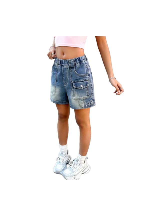 Girls Bermuda Shorts Knee Length Straight Leg Short Loose Casual Summer Trendy Cute Embroidery Elastic Waist Demin Shorts with Pockets Age 5-15 Years