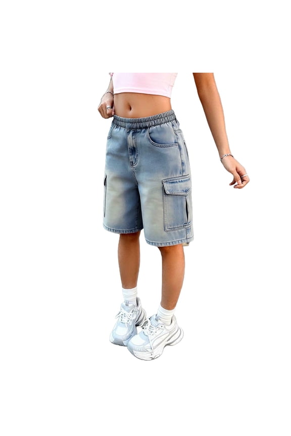 Girls Bermuda Shorts Knee Length Straight Leg Short Loose Casual Summer Trendy Elastic Waist Demin Shorts withMulti Pocket Age 5-15 Years