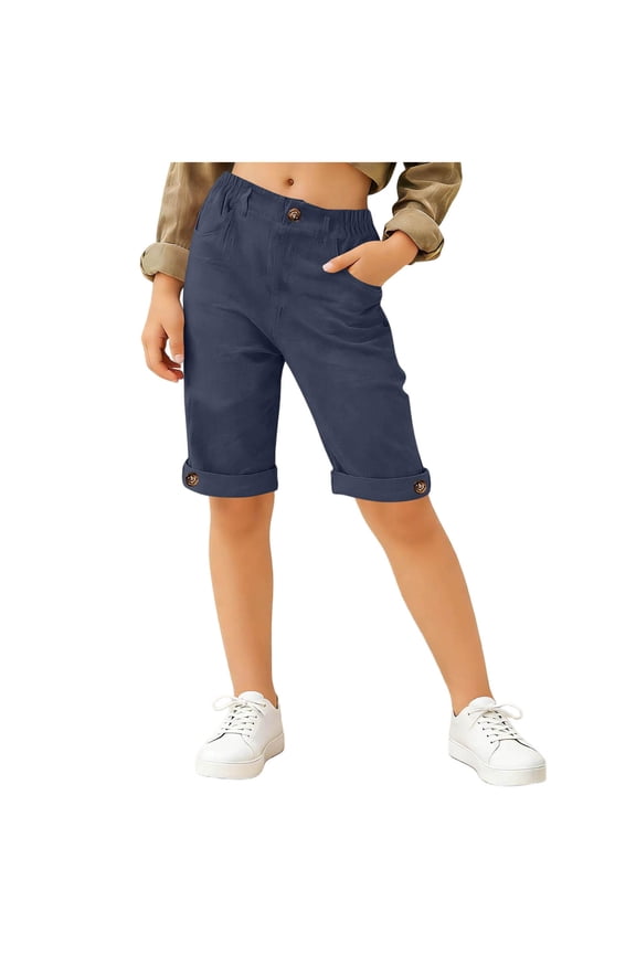Kids Shorts Summer Baggy Rolled Cuff Hem Bermuda Shorts Loose Fit Elastic Waist Wide Leg Workout Shorts with Pockets for 5-16Years
