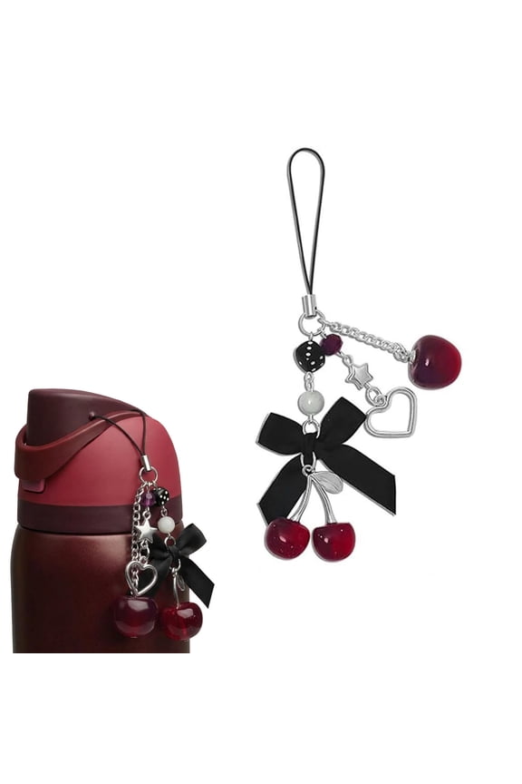 Bow Pendant for Phone & Bag, Water Bottle Charm & Keychain, Cute Cherry Resin Accessory with Bow, Stars & Hearts, Sweet Girly Style Gift for Women & Teens