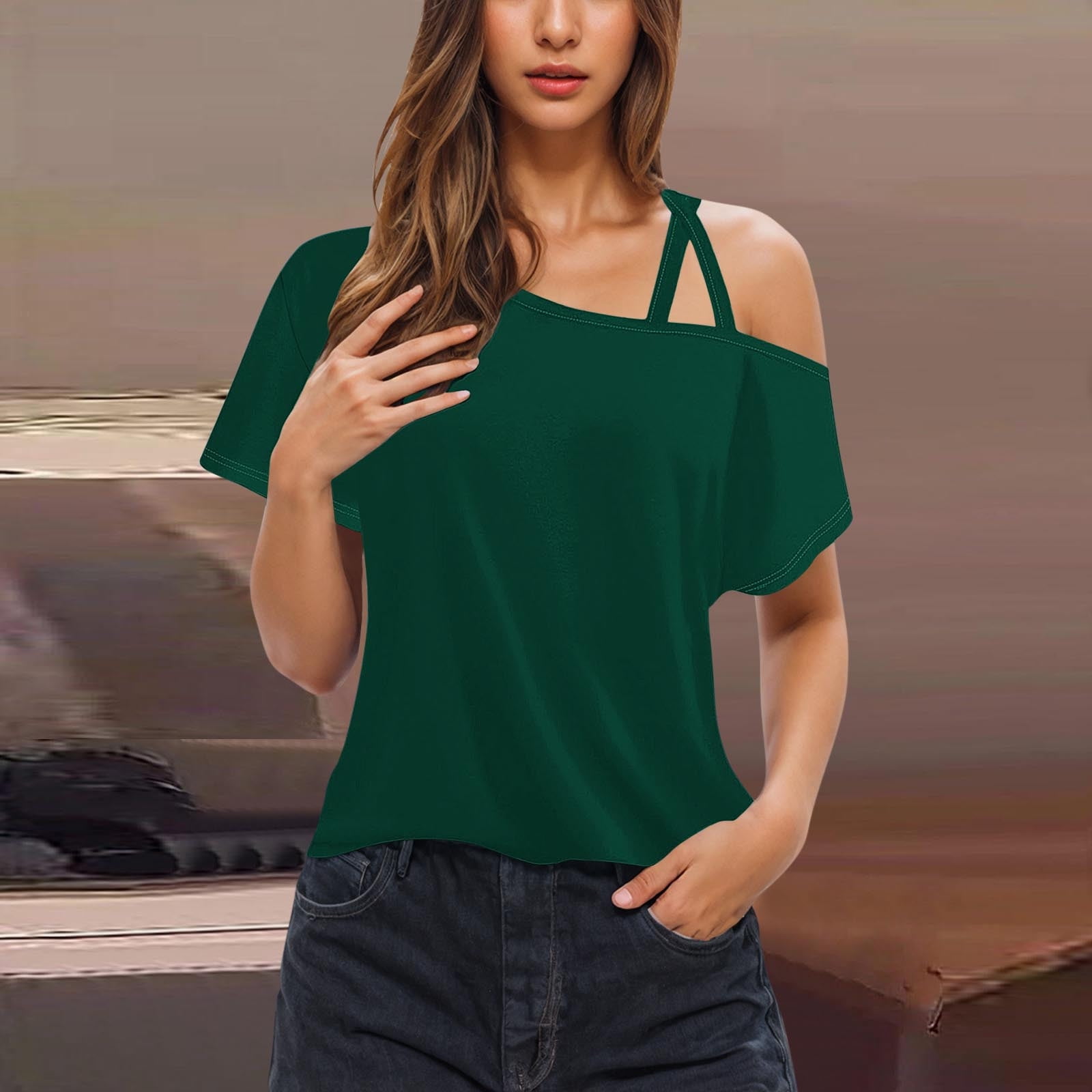All-Over Print Women's Cold Shoulder T-shirt With Criss Cross Strips main image 1