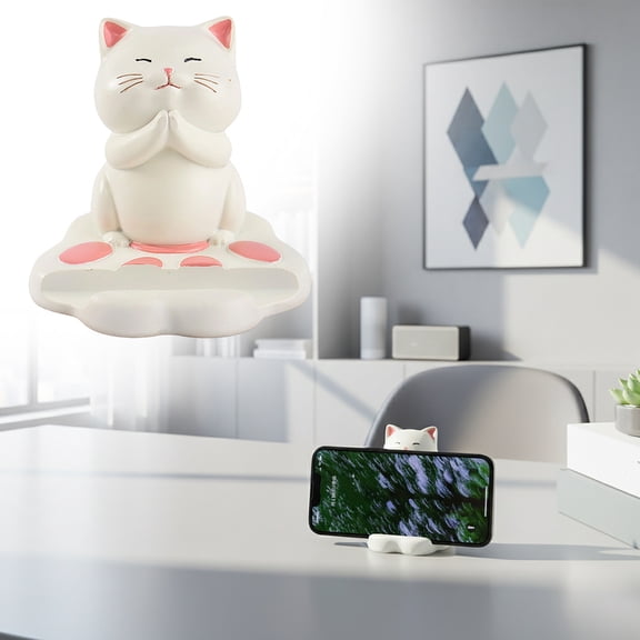 Dxssxc Cute Cat Phone Holder with Storage Tray, Resin Figurine Desktop Decor for Home or Office, Cat-Themed Study Desk Organizer for Keys and Small Items, Adorable Animal Resin Craft Gift