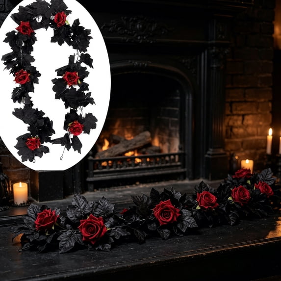 Dxssxc Halloween Black Maple Leaf Rose Garland, 67 inch Artificial Spooky Vine, Gothic Mantel Wall Hanging Decor, for Indoor Outdoor Party Prop