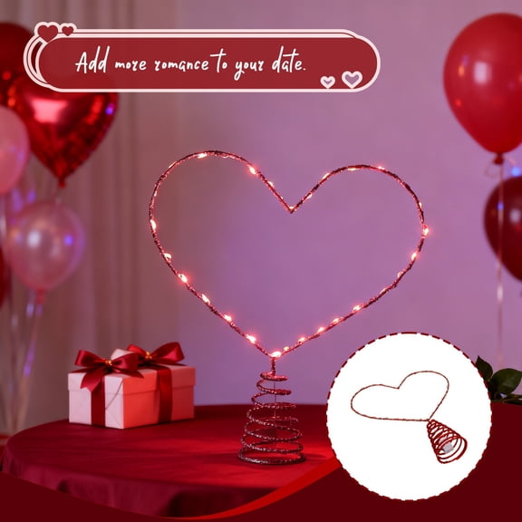 Dxssxc Heart Shaped Tree Topper with LED Lights, Red Glitter Christmas Tree Topper, Battery-Operated Spring Base for Indoor & Outdoor Use, Valentine's Day Wedding Anniversary Party Decoration