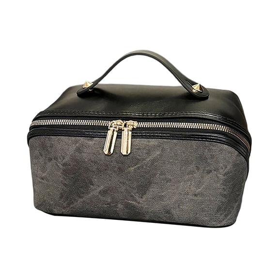 Dxssxc Leather Makeup Bag, Cosmetic Organizer with Double Zipper Compartments & Removable Divider for Brushes, Palettes, and Toiletries, Travel-Size Toiletry Bag for Women, Home, and Trips